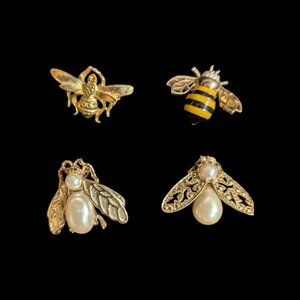 Vintage Gold Bee Brooches Set Of 4 Pearl & Enamel Accents Insect Themed Pins